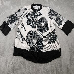 Citron Jacket Womens Medium Floral Button Up‎ Textured Top Santa Monica Black